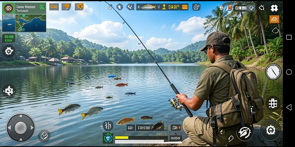 Screenshot gameplay GN168 menampilkan aksi memancing yang intens.