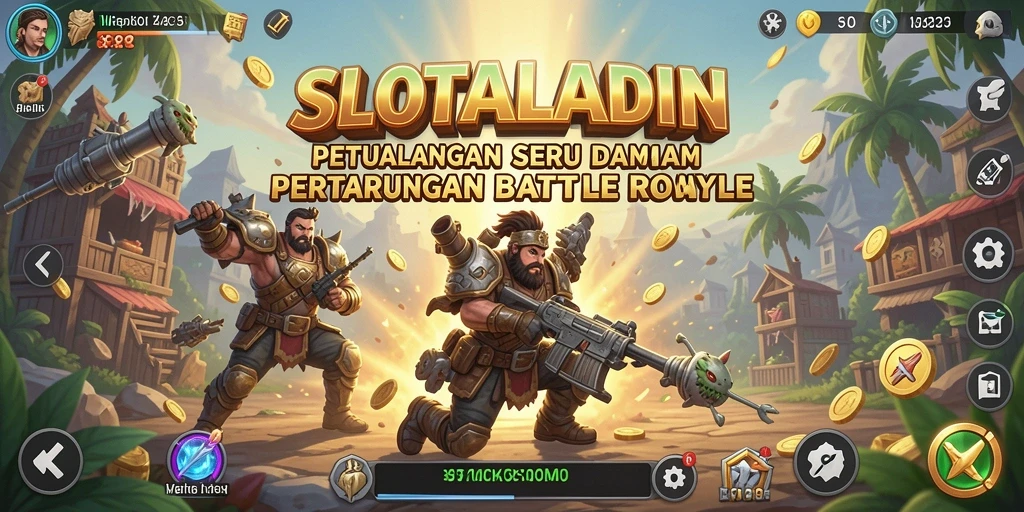 Tangkapan layar utama SLOTALADIN menampilkan aksi seru di arena Battle Royale.